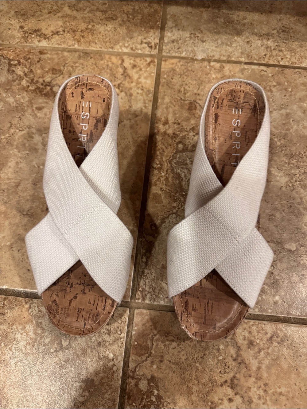Esprit White Crisscross Cork-Style Slide Mules